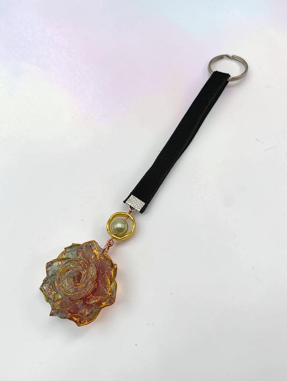 Black Strap Keychain with Green & Pink Iridescent Rose Charm Handmade Accessory